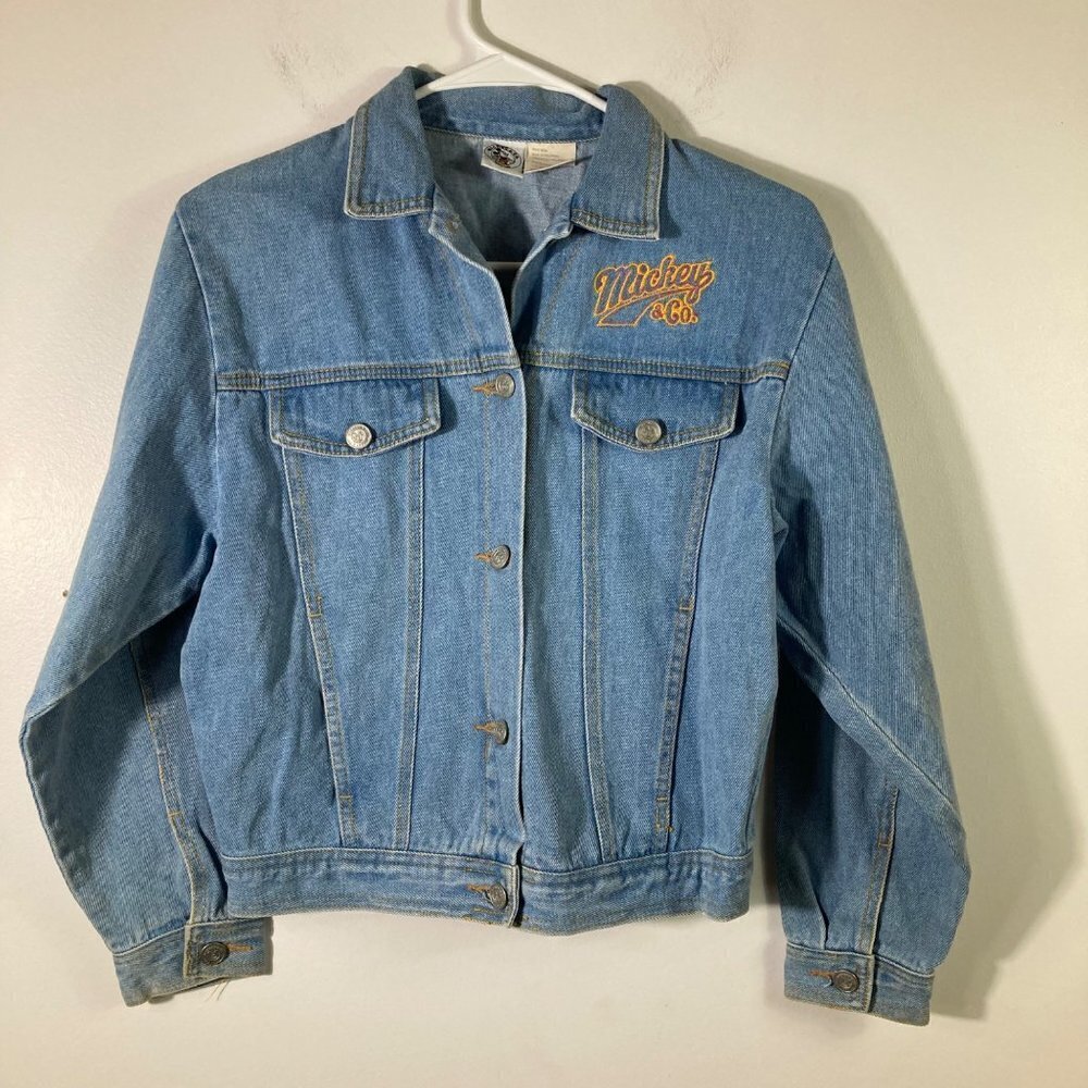 Womens Vintage Mickey & Co Denim Trucker Jacket Blue Graphic S